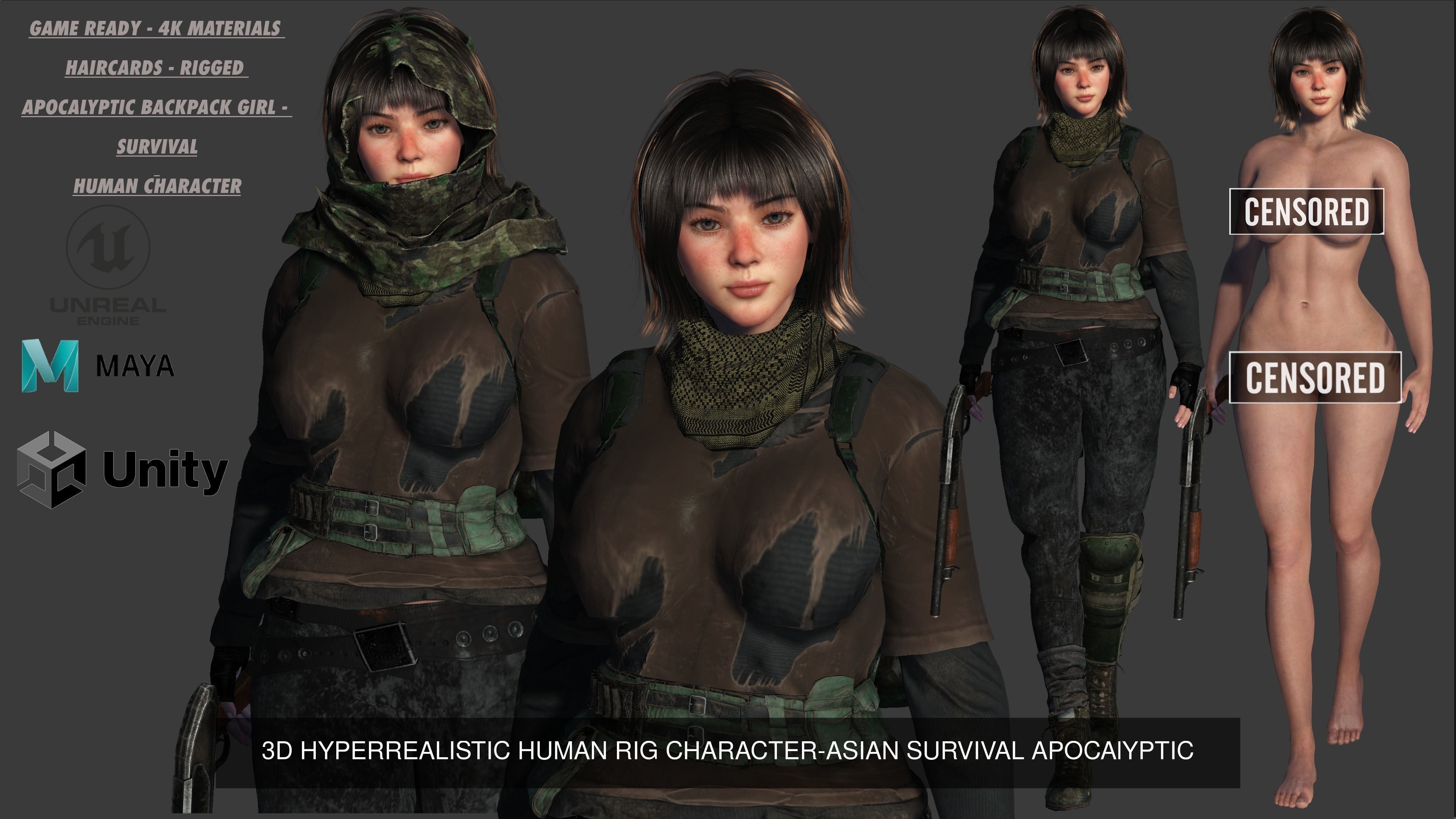 AAA 3D REALISTIC POST APOCALYPTIC CHARACTER PACK 01- 4 Models 3D Model Collection_4