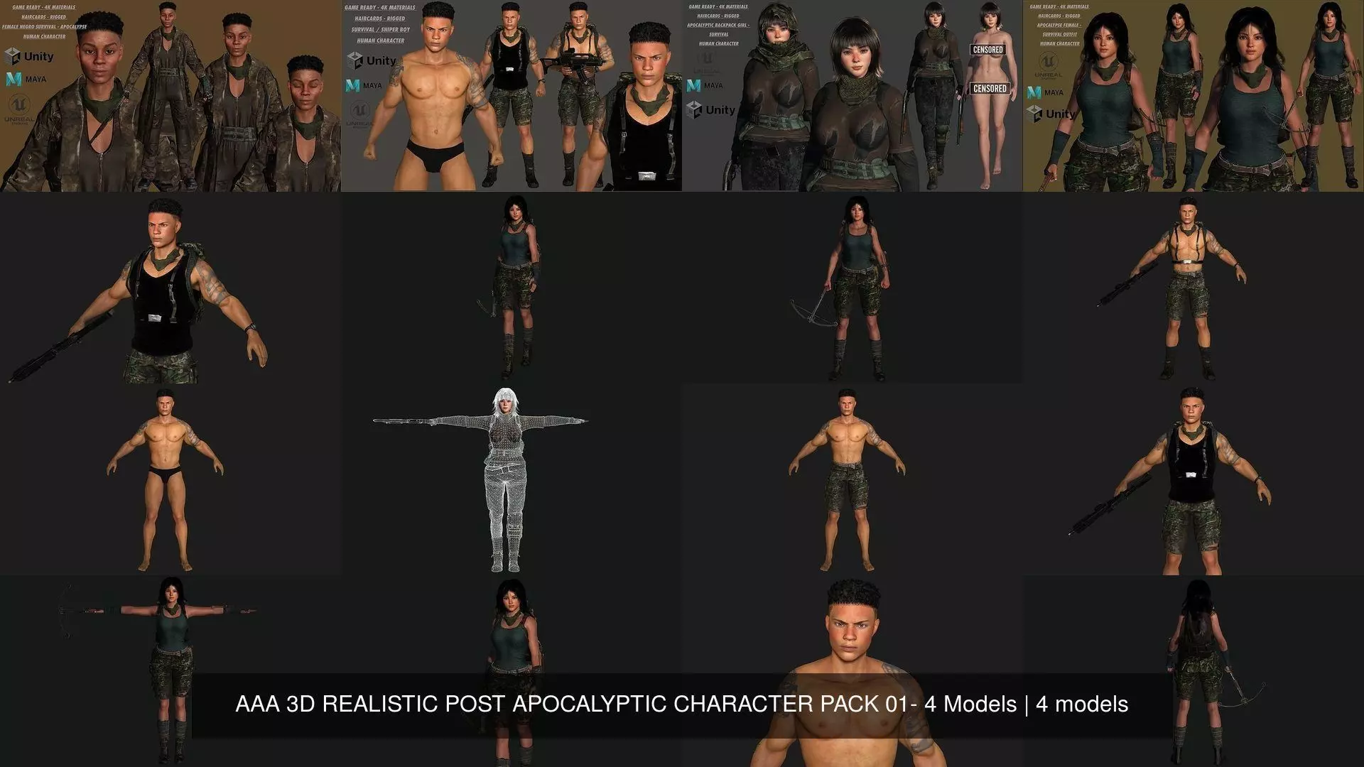 AAA 3D REALISTIC POST APOCALYPTIC CHARACTER PACK 01- 4 Models 3D Model Collection_1