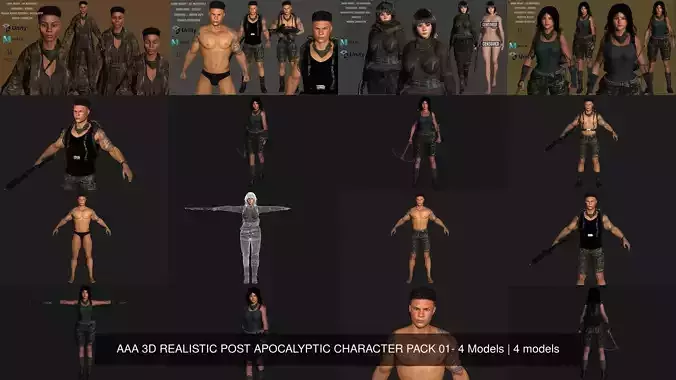 AAA 3D REALISTIC POST APOCALYPTIC CHARACTER PACK 01- 4 Models