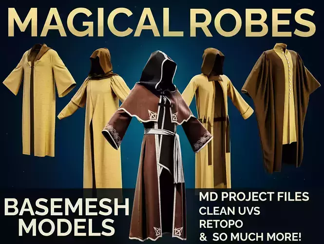 5 Wizard Robe Basemesh Models - Fantasy Mage Cloaks