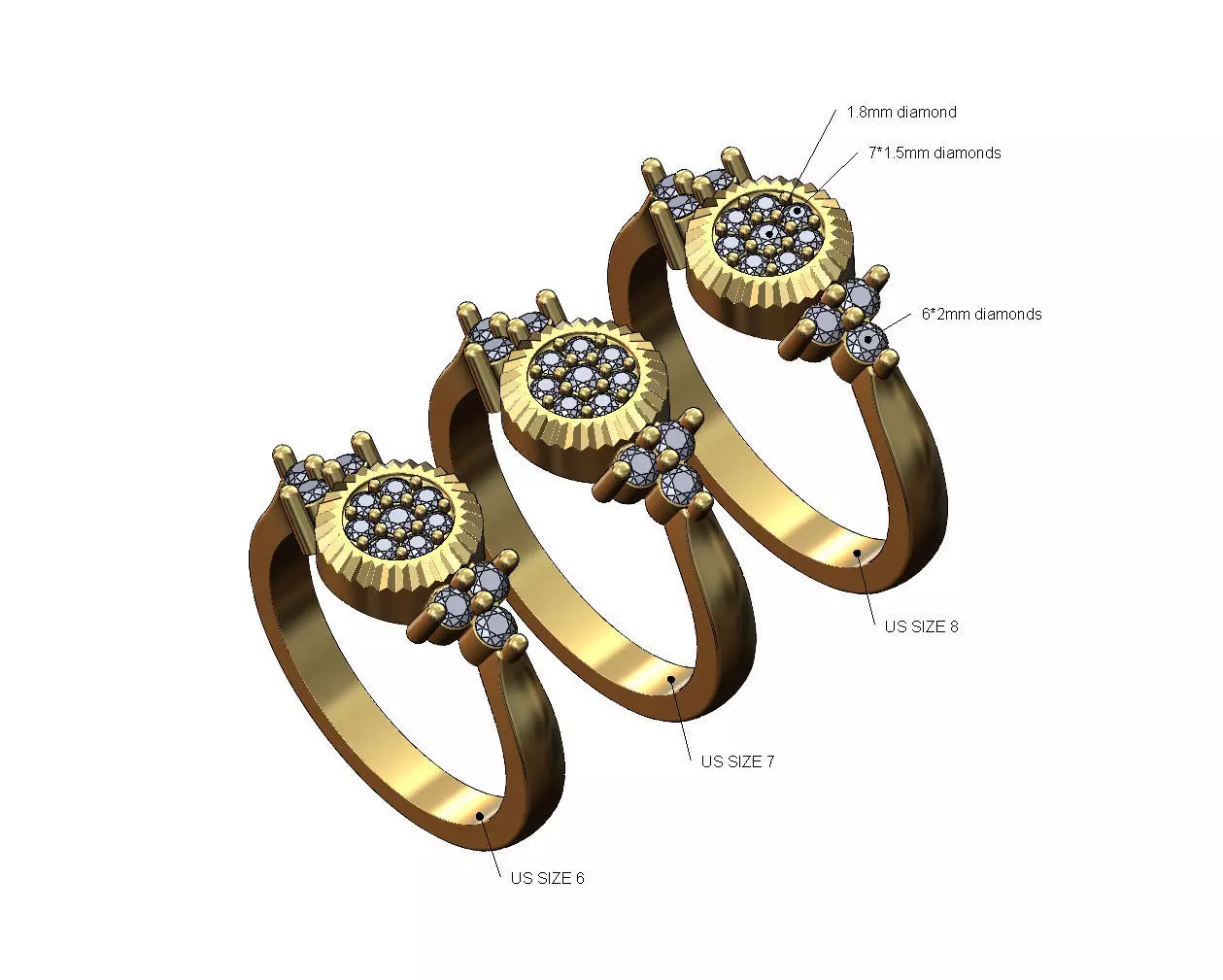 Fluted diamond cluster ring US sizes 6 7 8 3D print model_0