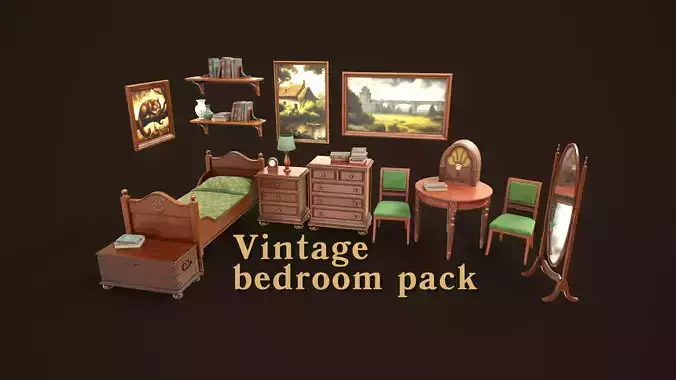 Vintage Bedroom Pack Low-poly 3D model