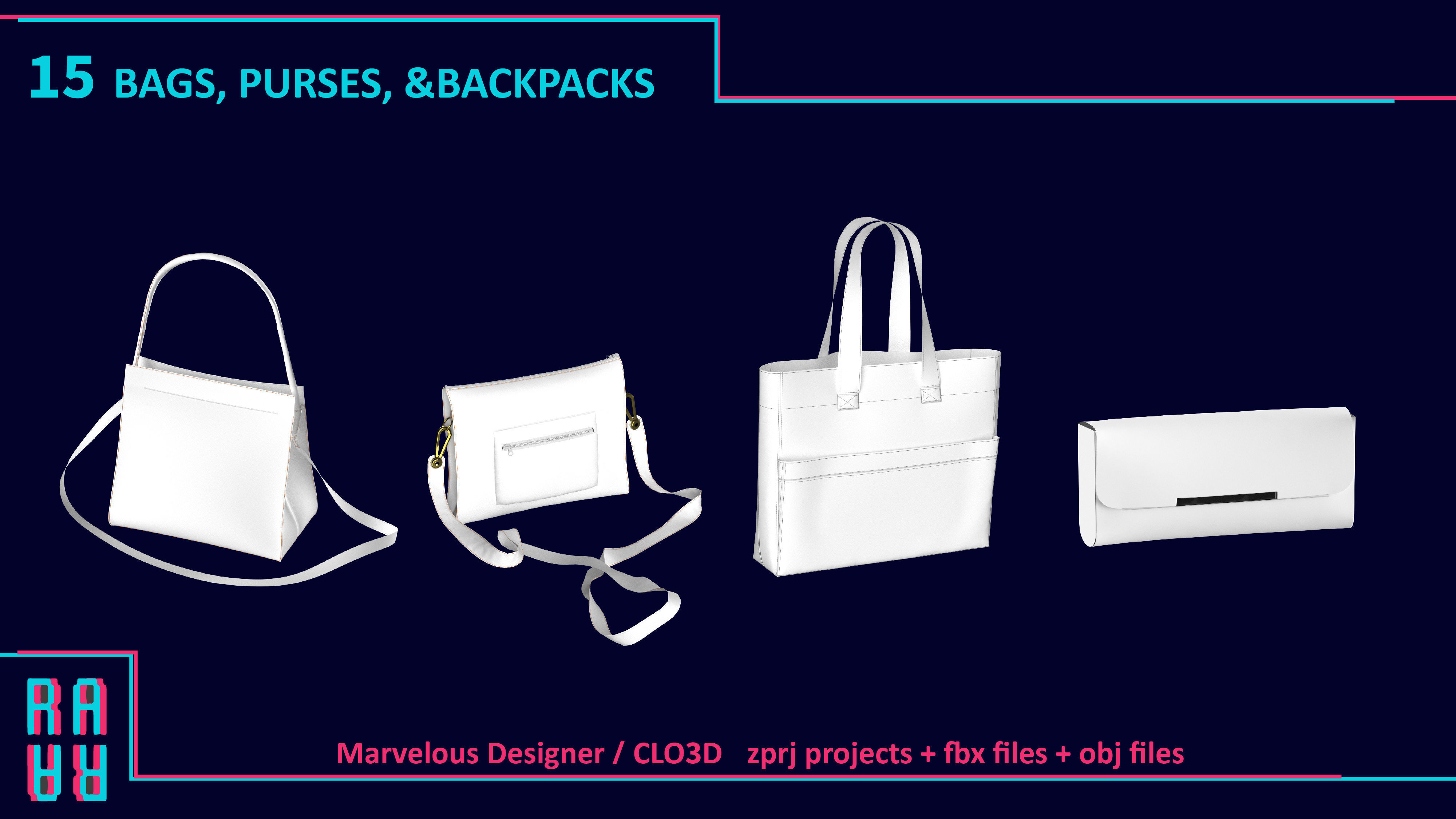 15 BAG and PURSE and BACKPACK 3D MODELS Low-poly 3D model_1