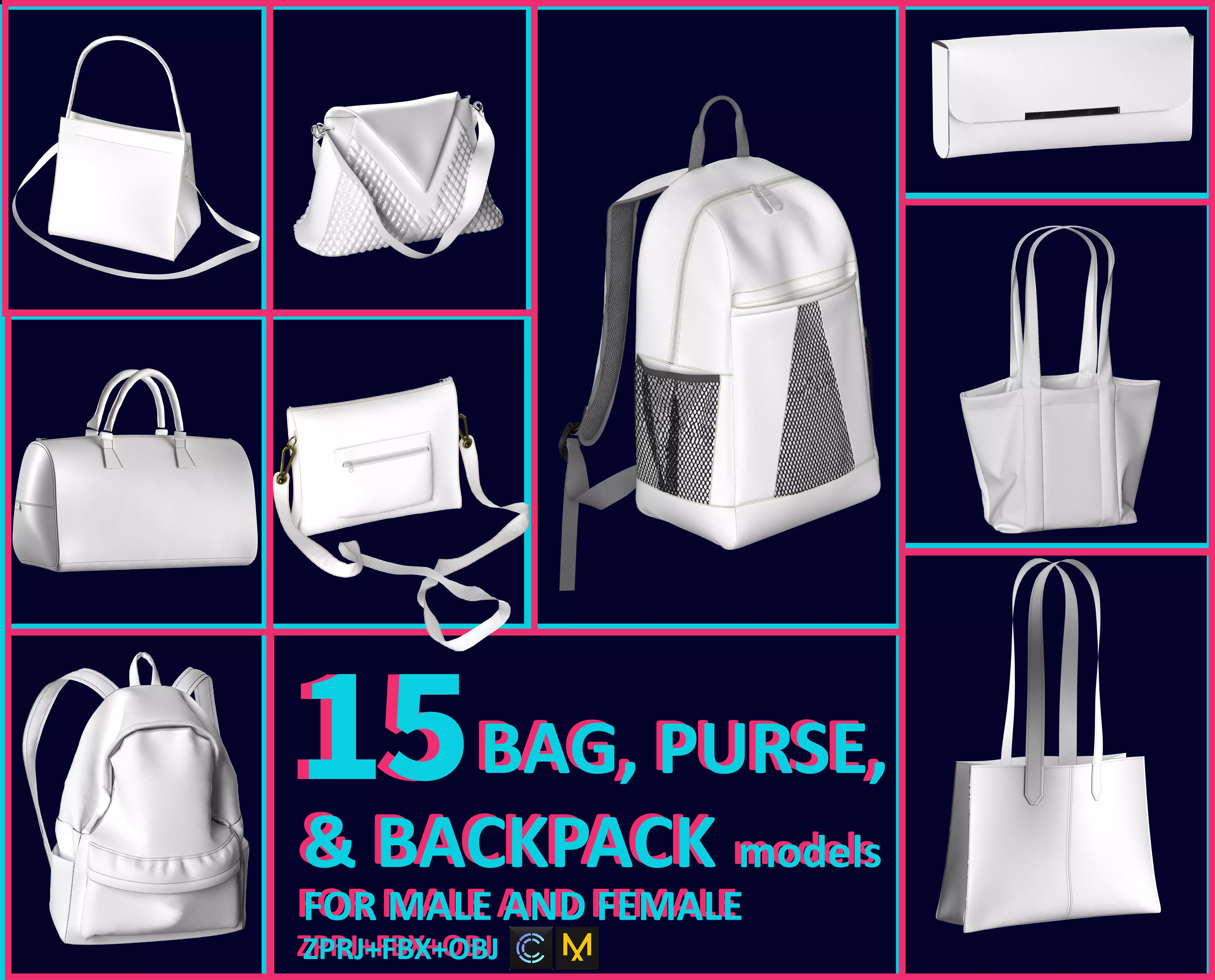 15 BAG and PURSE and BACKPACK 3D MODELS Low-poly 3D model_0