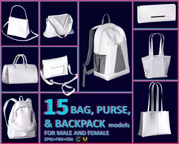 15 BAG and PURSE and BACKPACK 3D MODELS