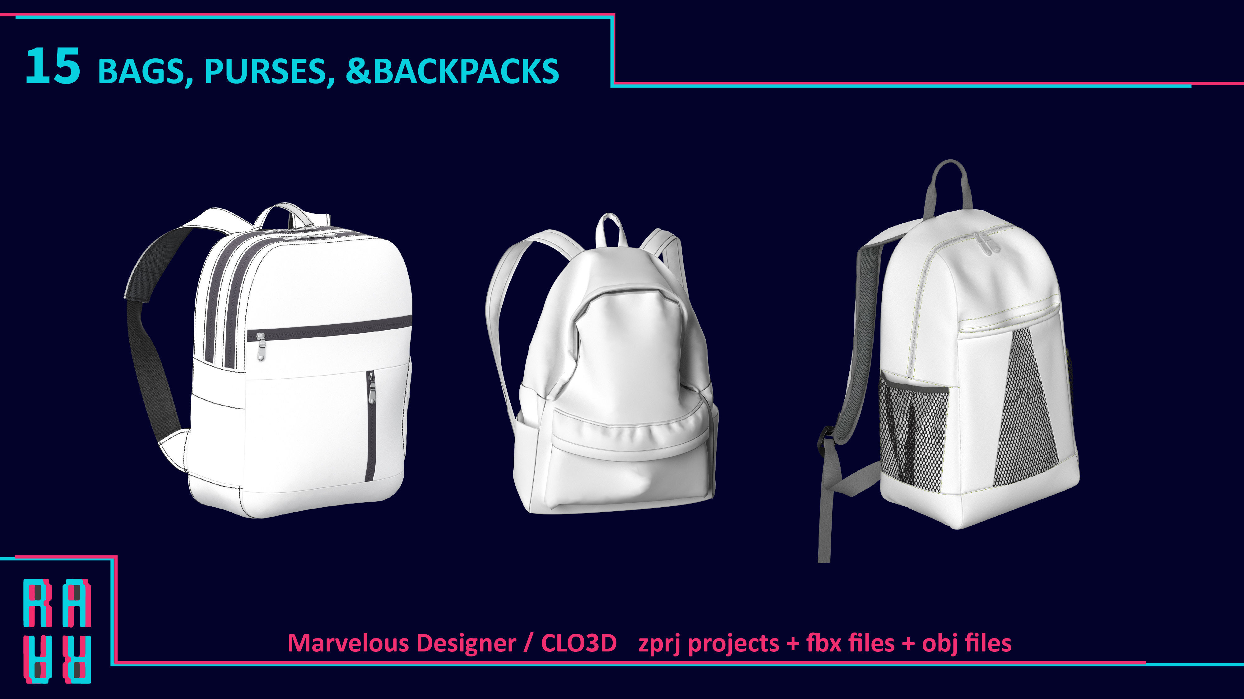 15 BAG and PURSE and BACKPACK 3D MODELS Low-poly 3D model_3