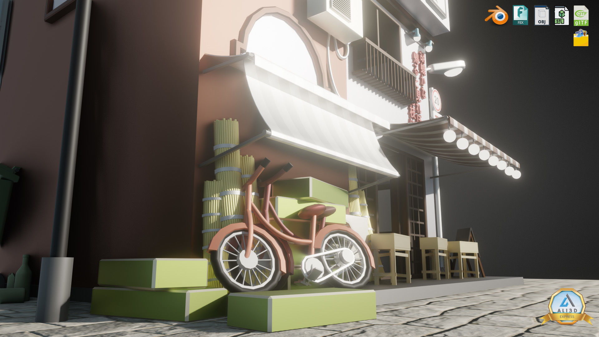 Stylized Japanese Street corner Store and Shops Low-poly 3D model_4