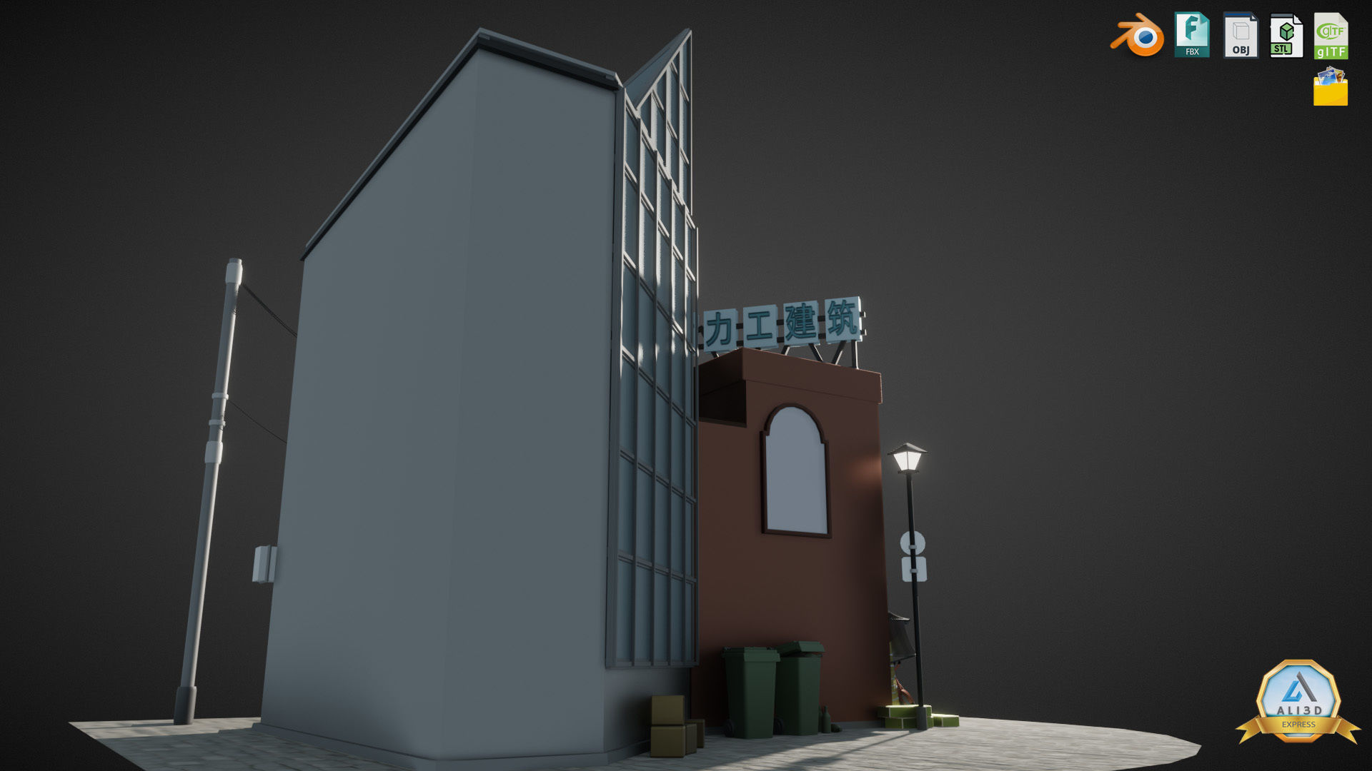 Stylized Japanese Street corner Store and Shops Low-poly 3D model_11