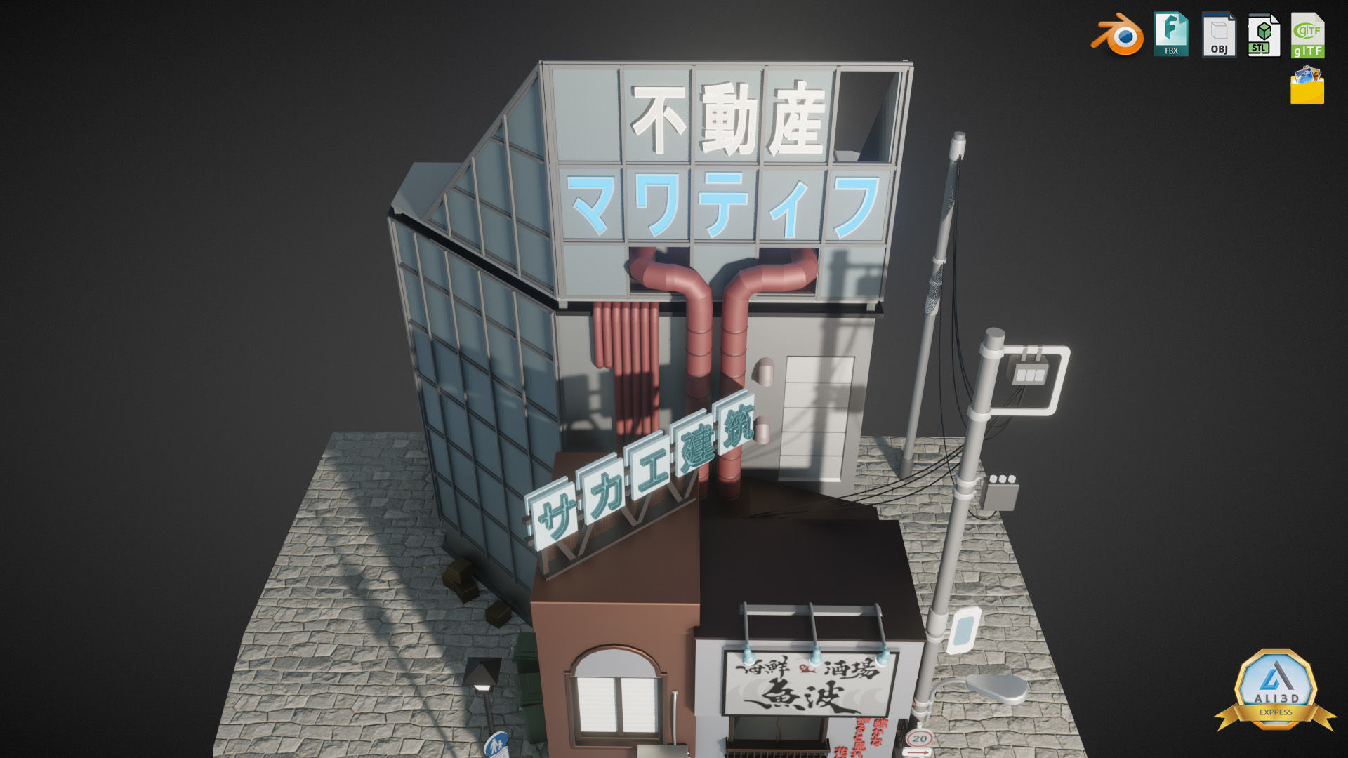 Stylized Japanese Street corner Store and Shops Low-poly 3D model_8