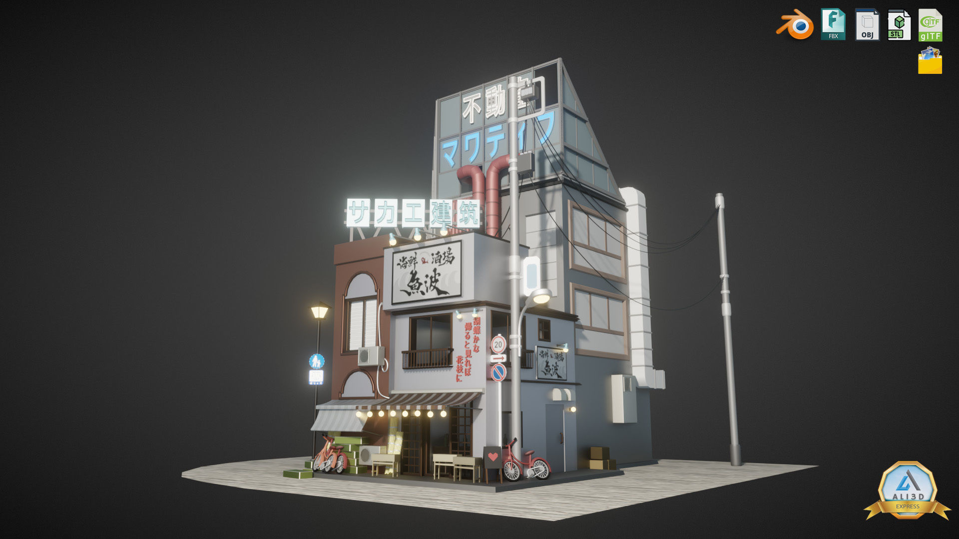 Stylized Japanese Street corner Store and Shops Low-poly 3D model_14