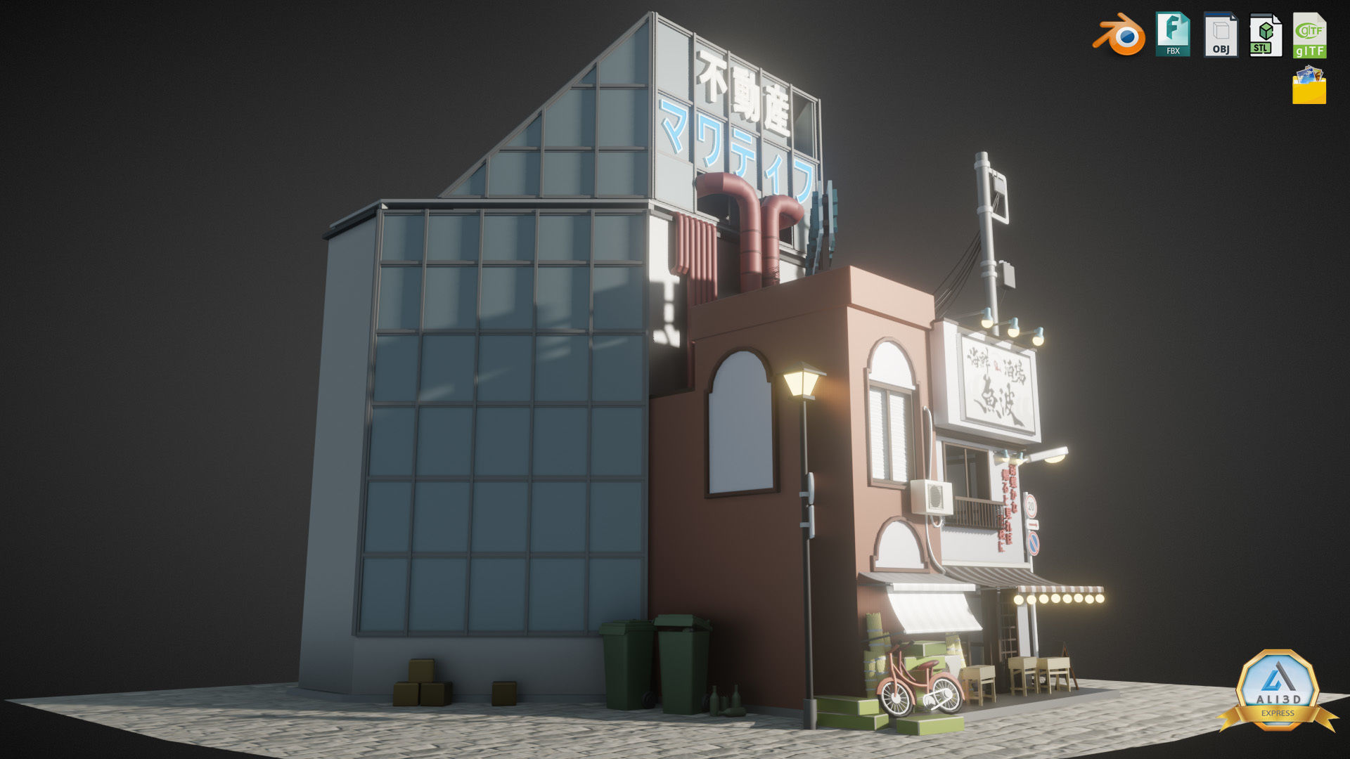 Stylized Japanese Street corner Store and Shops Low-poly 3D model_2