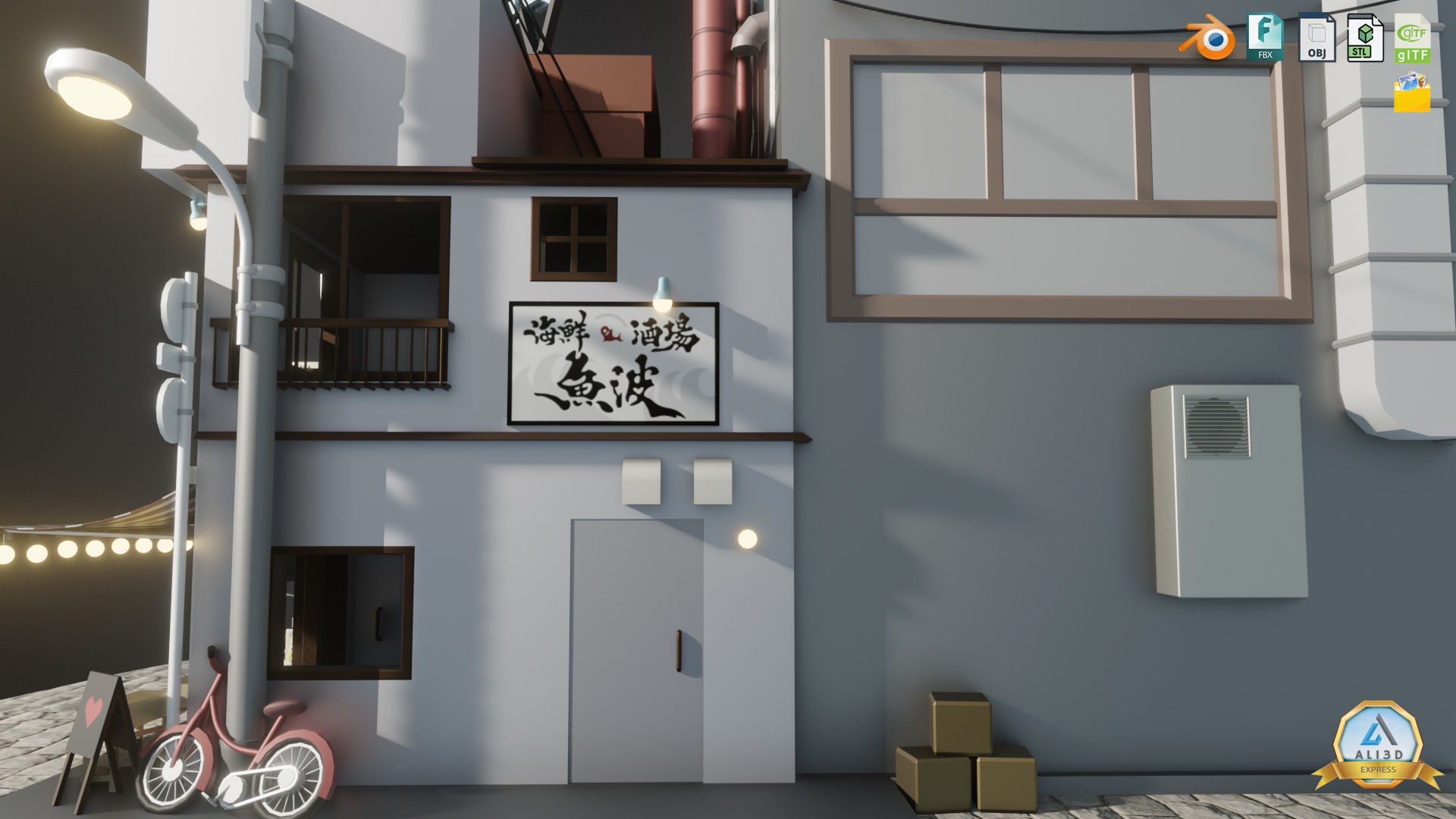 Stylized Japanese Street corner Store and Shops Low-poly 3D model_5