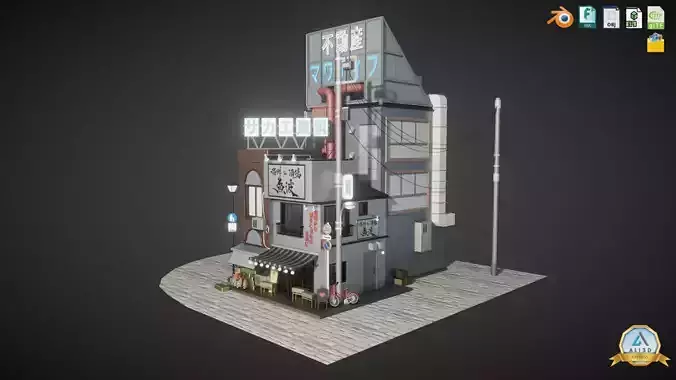 Stylized Japanese Street corner Store and Shops Low-poly 3D model