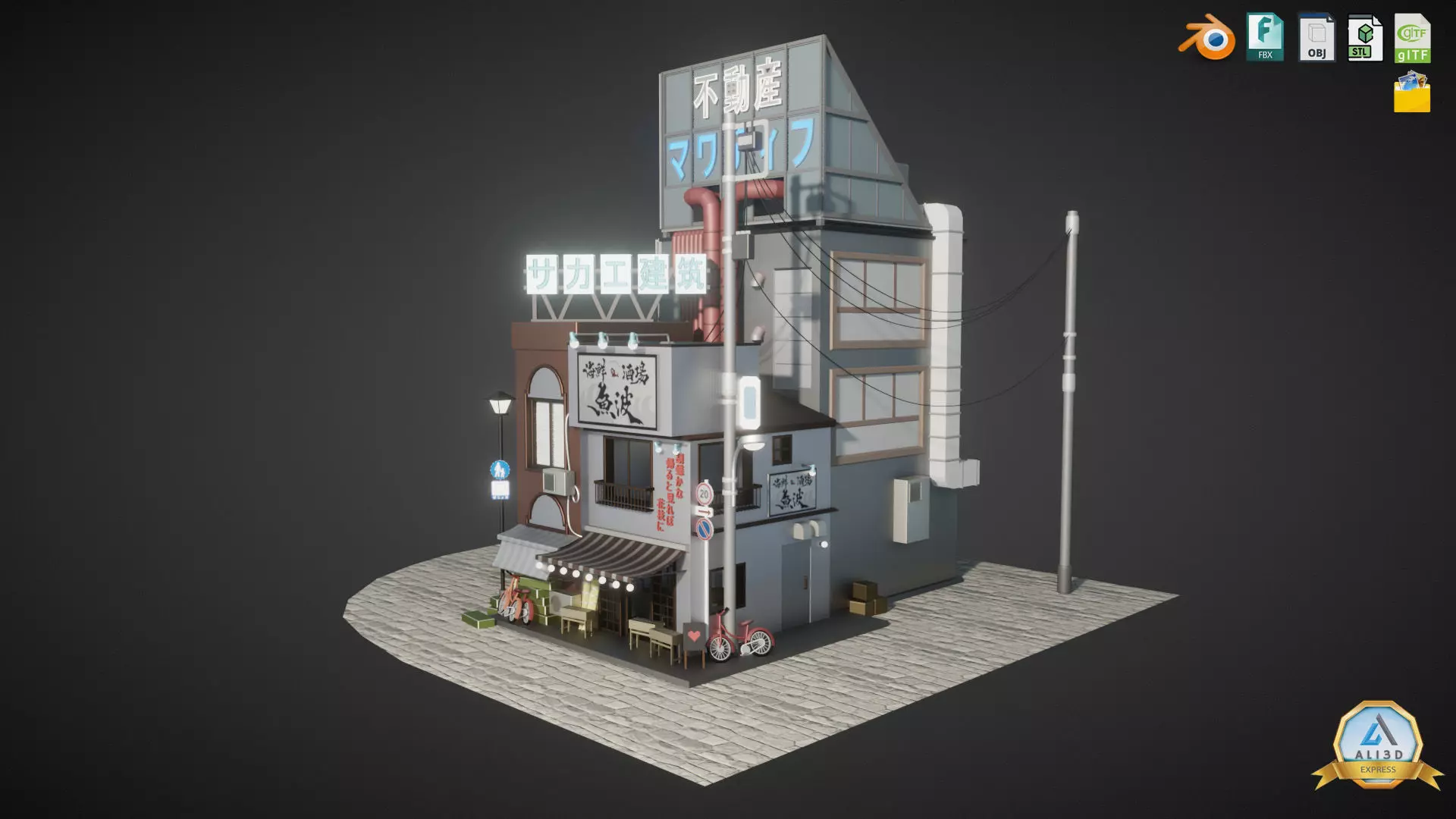 Stylized Japanese Street corner Store and Shops Low-poly 3D model_0
