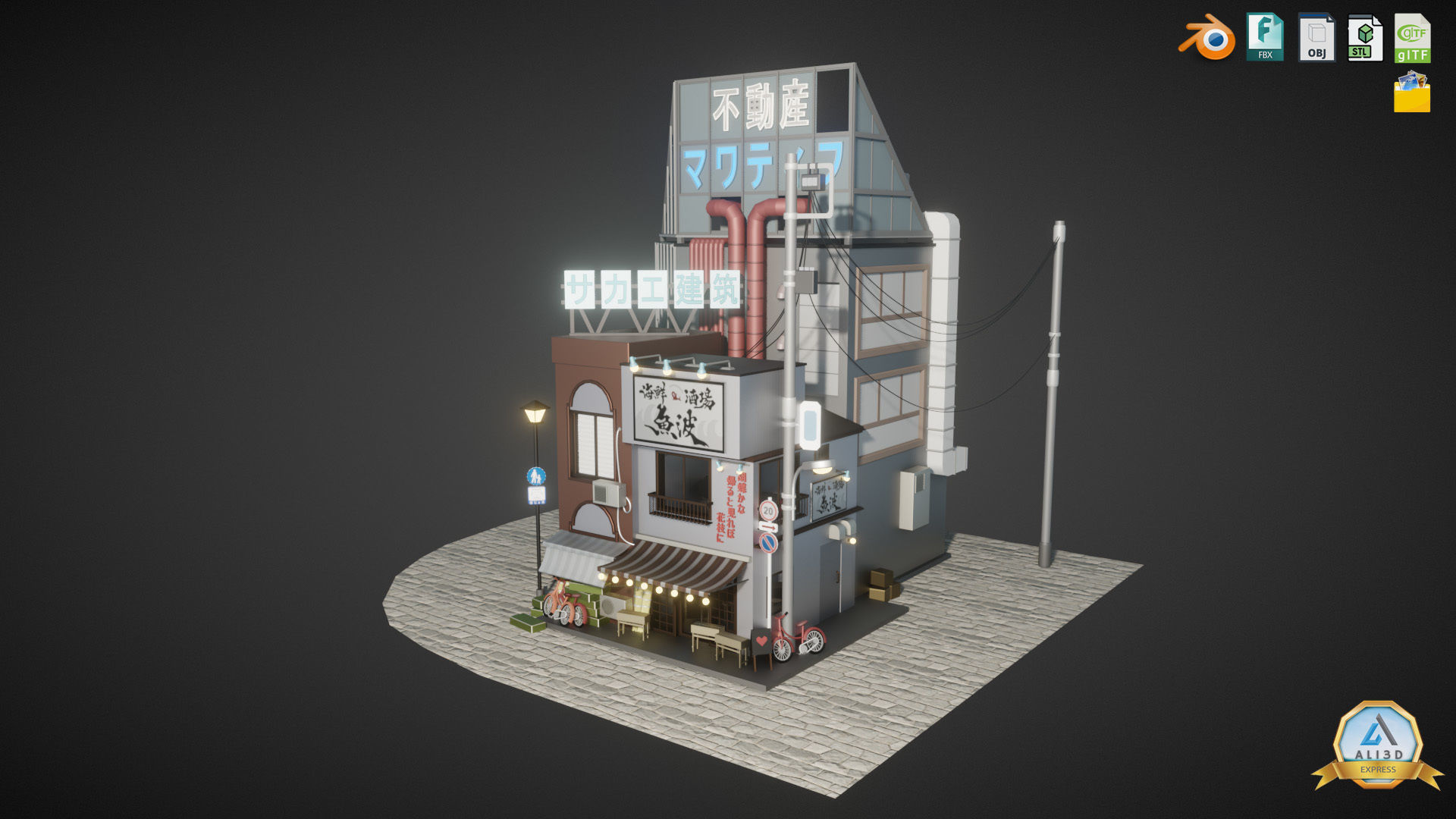 Stylized Japanese Street corner Store and Shops Low-poly 3D model_12