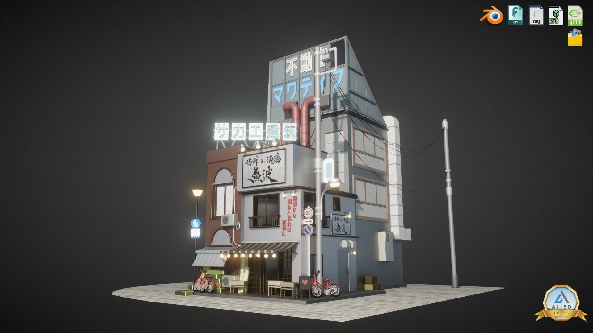 Stylized Japanese Street corner Store and Shops Low-poly 3D model_1