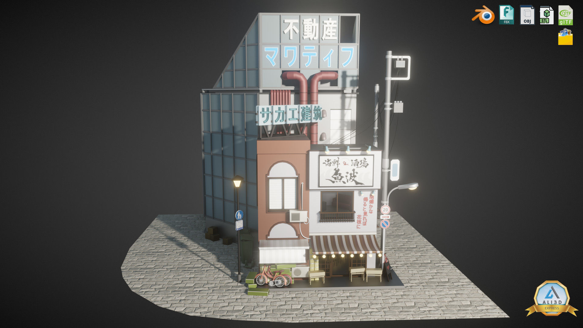 Stylized Japanese Street corner Store and Shops Low-poly 3D model_7