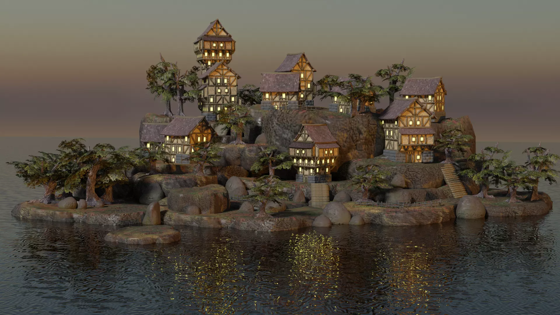 Rustic Island Medieval Village - low poly environment Low-poly 3D model_0