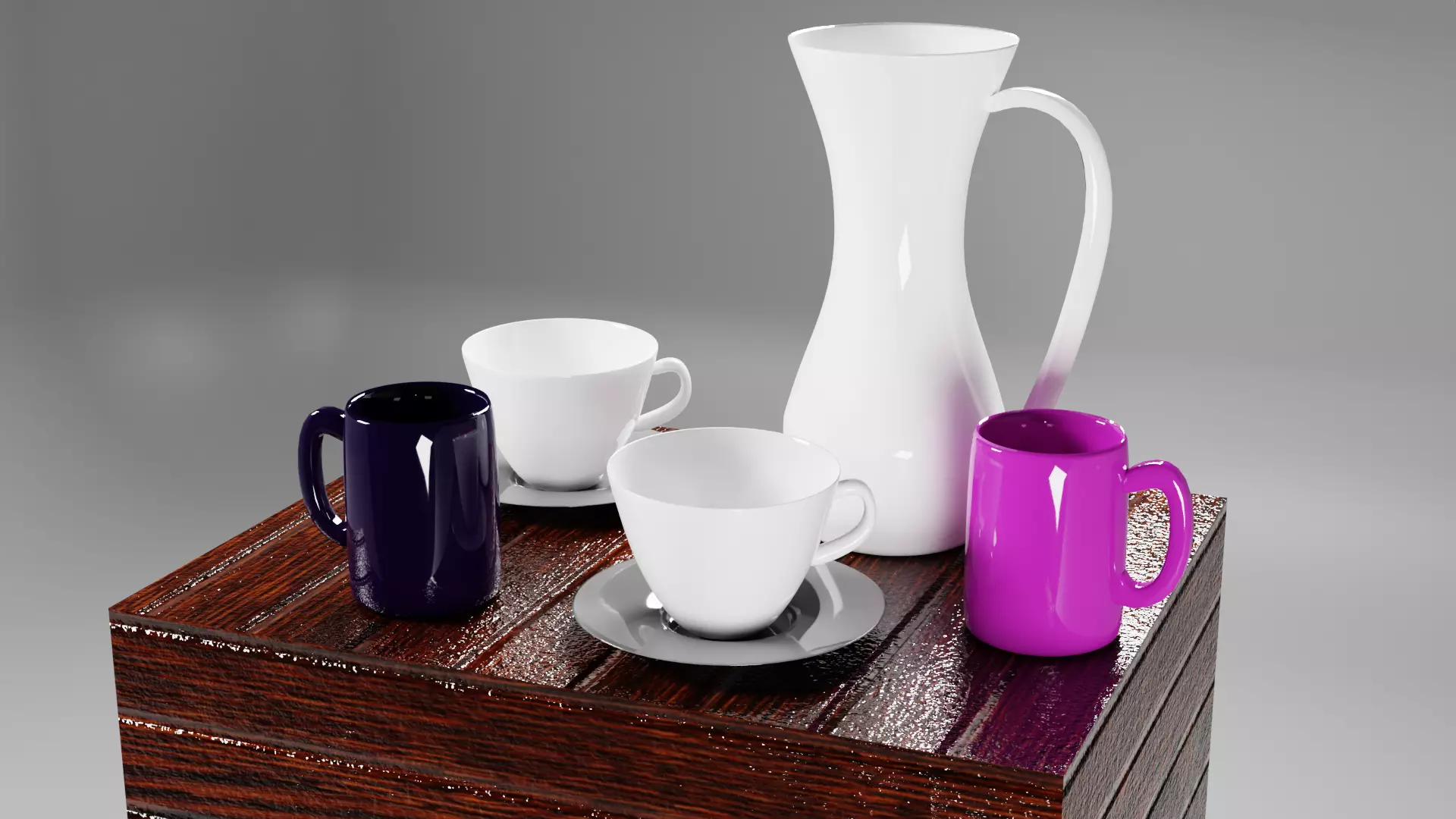 Crockeries 2 mugs 1 jug and 2 cups with cup plates 3D model_0