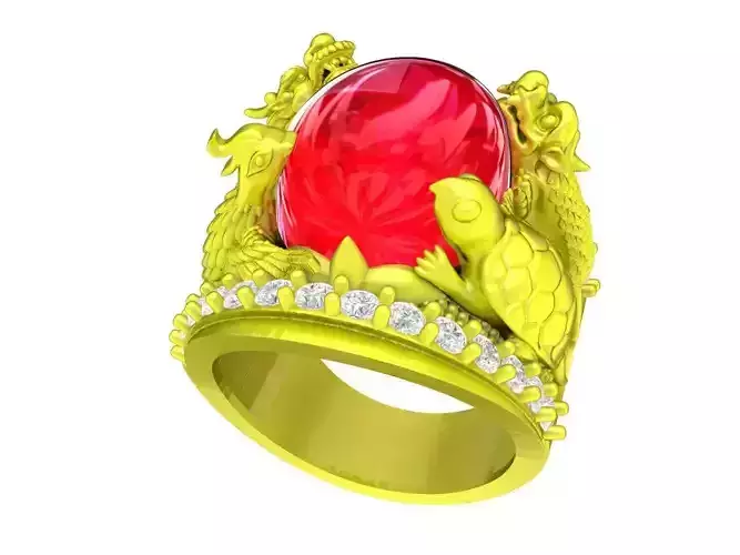 A5366 Asian Fengshui Dragon Phoenix Unicorn Turtle Men Ring 3D 