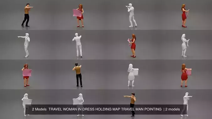 2 Models  TRAVEL WOMAN IN DRESS HOLDING MAP TRAVEL MAN POINTING 