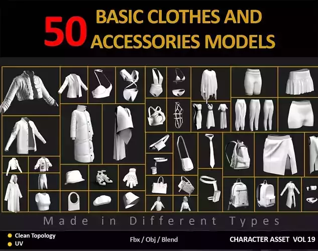 50 BASIC CLOTHES AND ACCESSORIES FOR FEMALE  Low-poly 3D model