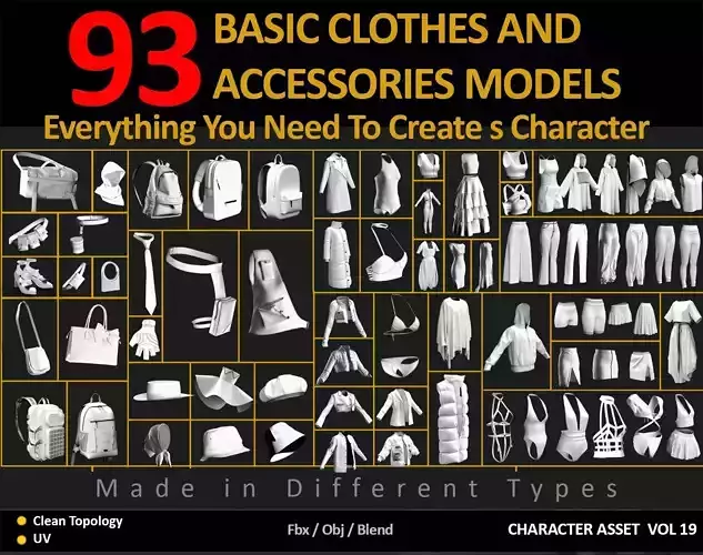 93 BASIC CLOTHES AND ACCESSORIES MODELS Low-poly 3D model