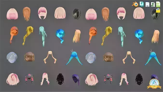 20 Anime hairstyles Low-poly 3D model