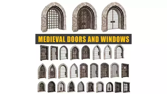 medieval door and window set Low-poly 3D model