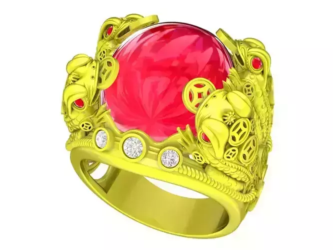 A5376 Fengshui Oval Ruby and Diamond Money Frog Ring 3D Model