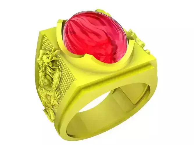 A5382 Oval Ruby and Diamond With Chinese Dragon Men Ring 3D Mode
