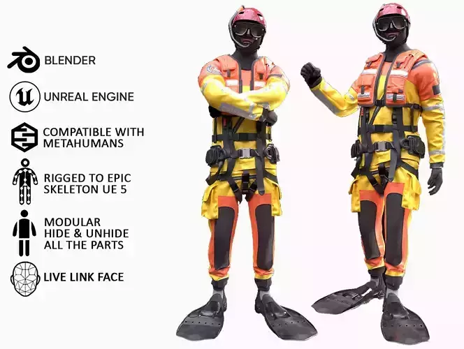 Man - Rescue Swimmer - Modular - Rigged Low-poly 3D model