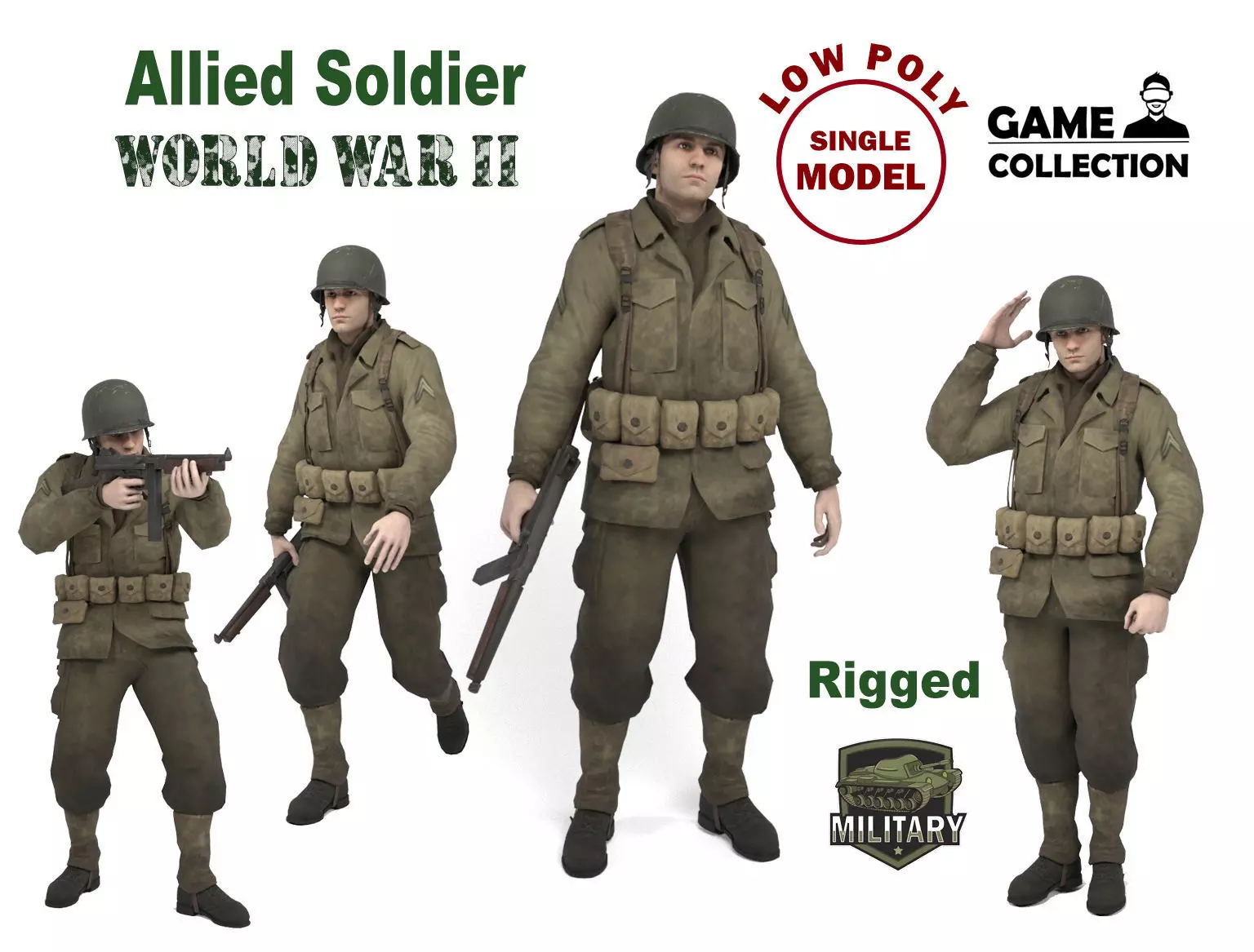 Allied soldier Low-poly 3D model_0