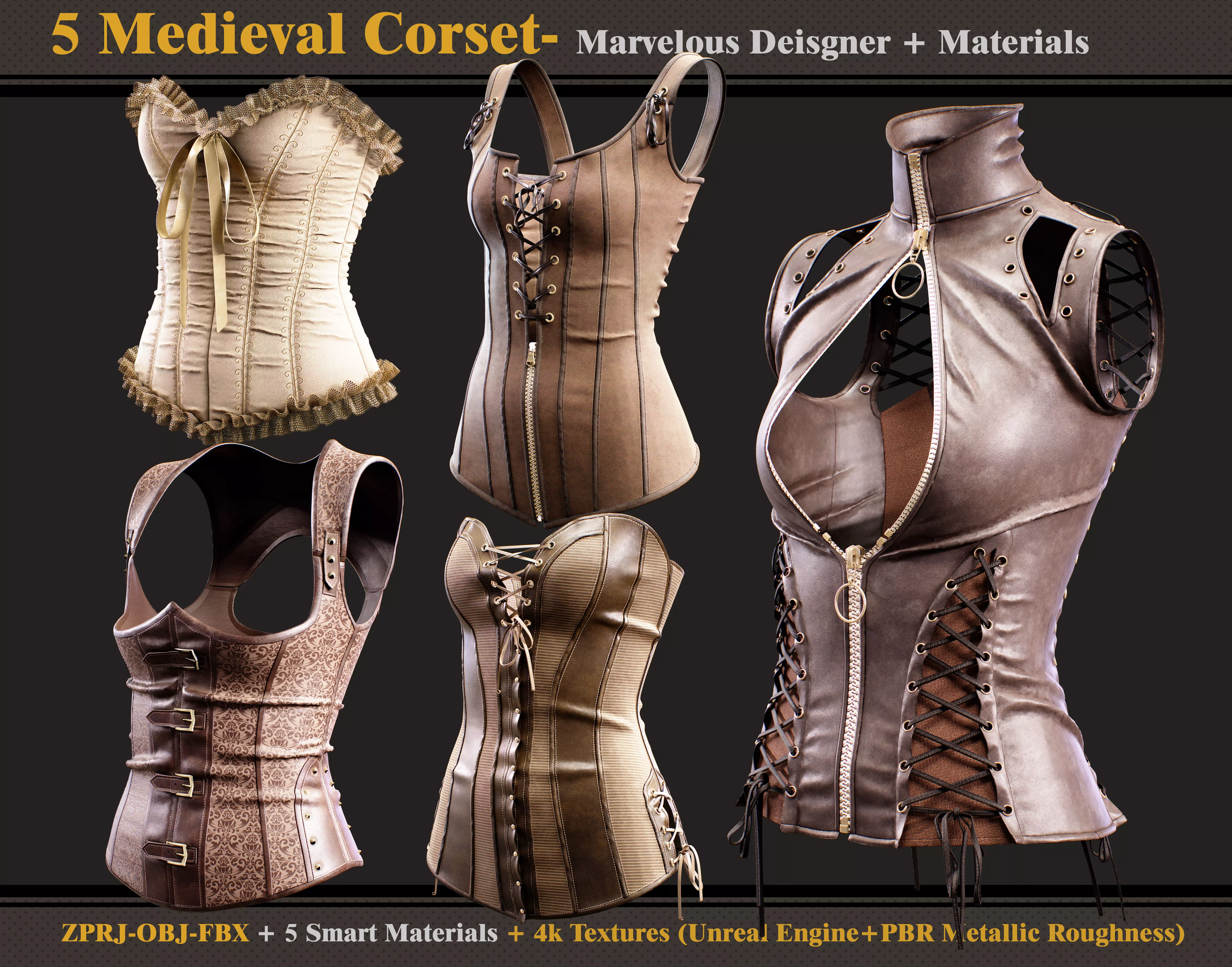 5 Medieval Corsets-OBJ-FBX-5 Smart Materials-4K Textures 3D model
