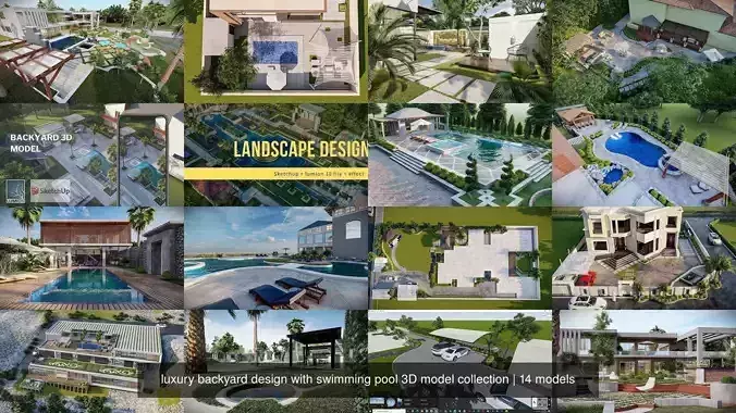 luxury backyard design with swimming pool 3D model collection 