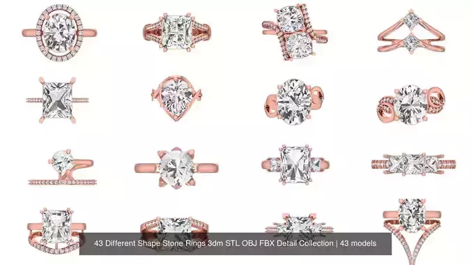 43 Different Shape Stone Rings 3dm STL OBJ FBX Detail Collection 