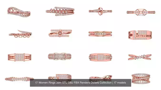 17 Women Rings 3dm STL OBJ FBX Renders Details Collection