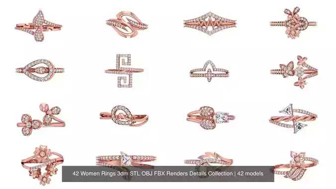 42 Women Rings 3dm STL OBJ FBX Renders Details Collection