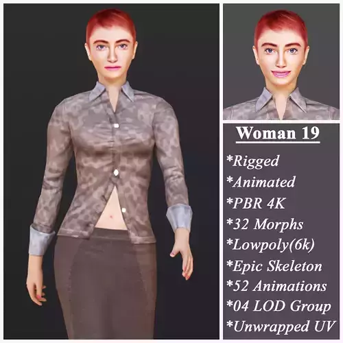 Woman 19 With 52 Animations 32 morphs Low-poly 3D model