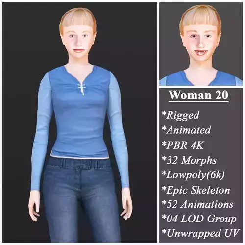 Woman 20 With 52 Animations 32 morphs Low-poly 3D model