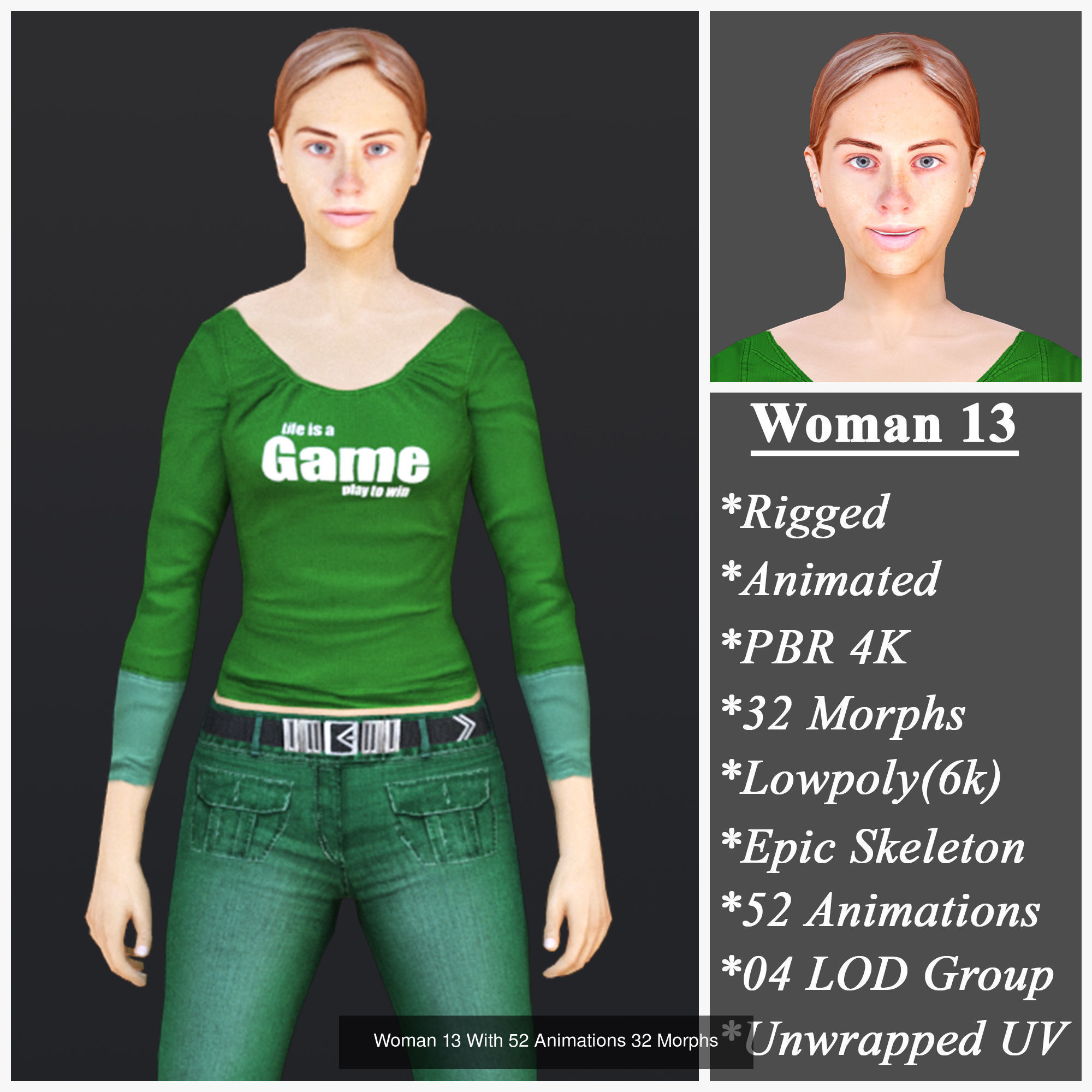 Woman 11 To 15 With 52 Animations 32 morphs 3D Model Collection_4