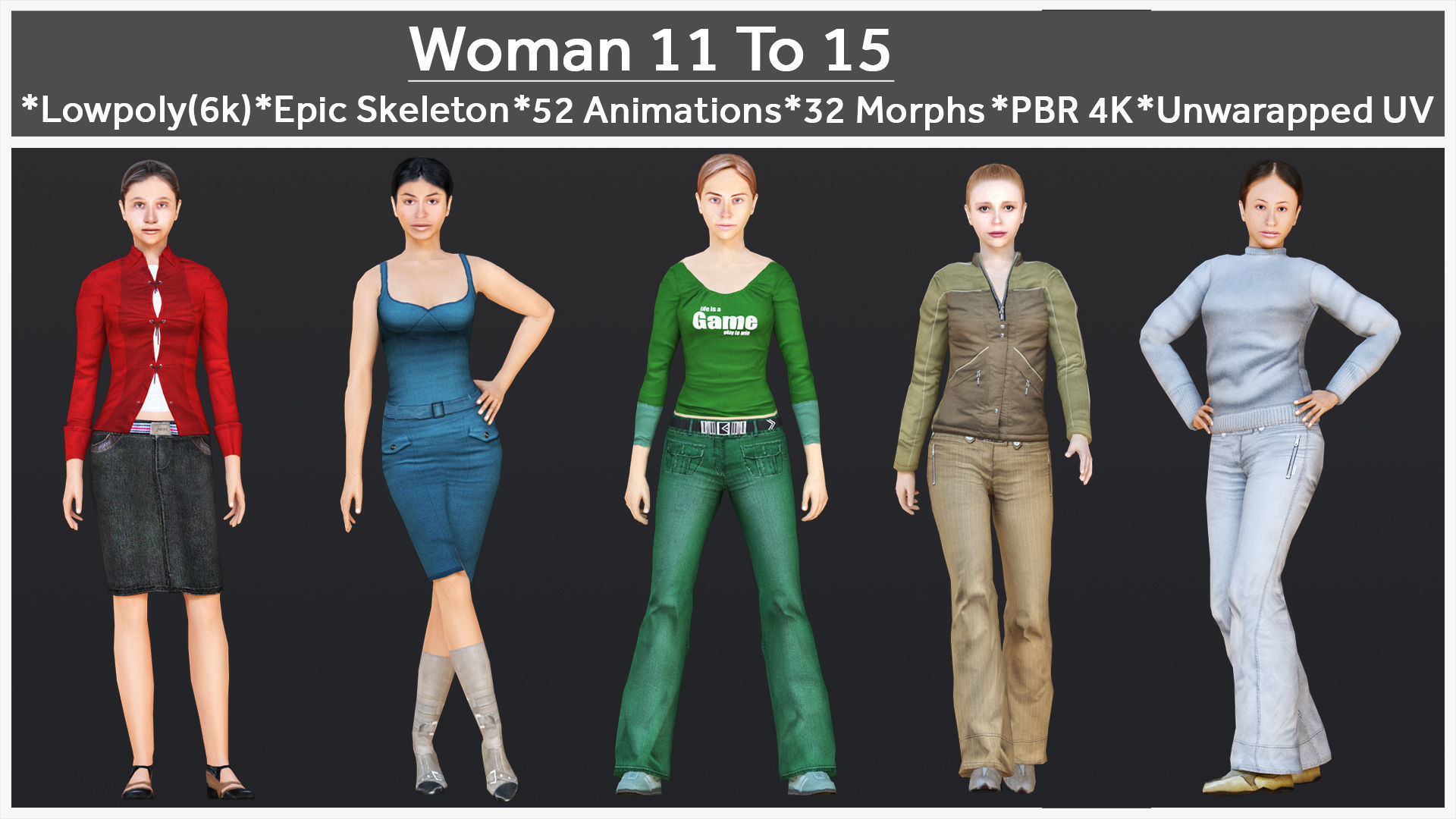 Woman 11 To 15 With 52 Animations 32 morphs 3D Model Collection_1