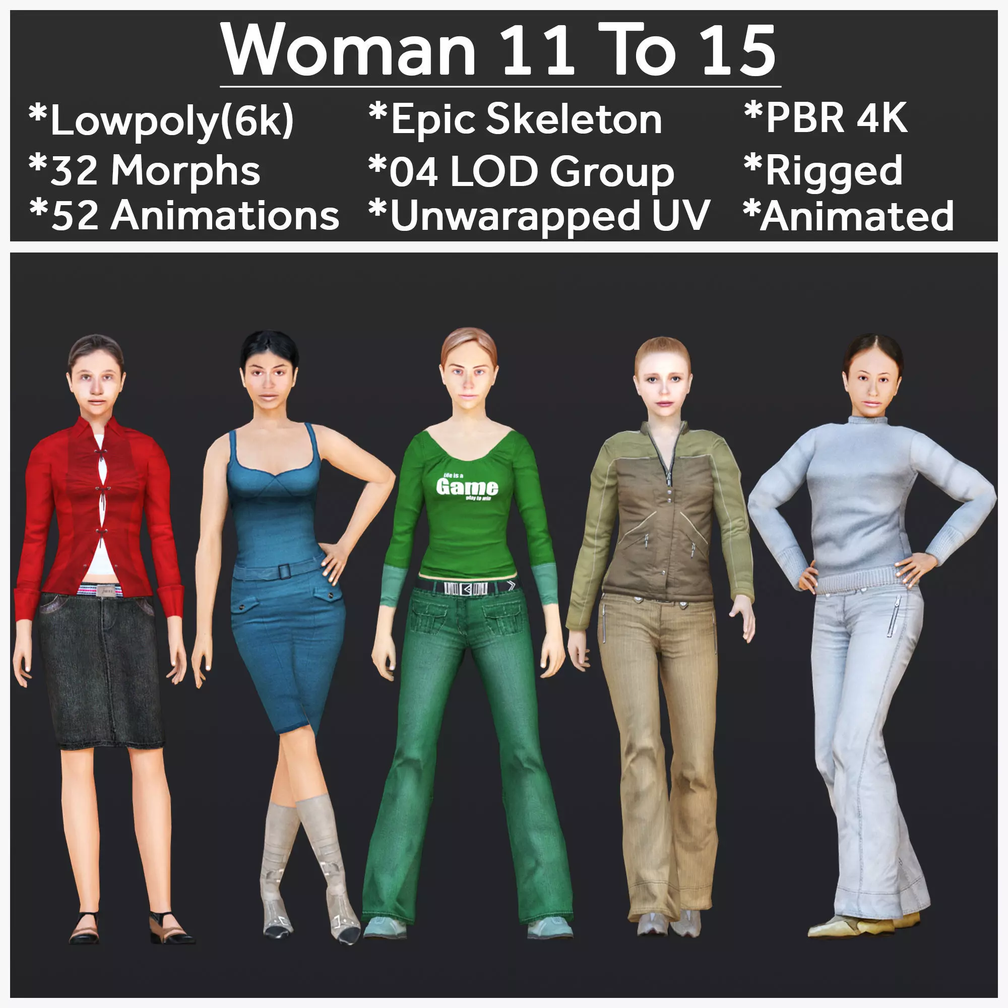 Woman 11 To 15 With 52 Animations 32 morphs 3D Model Collection_0