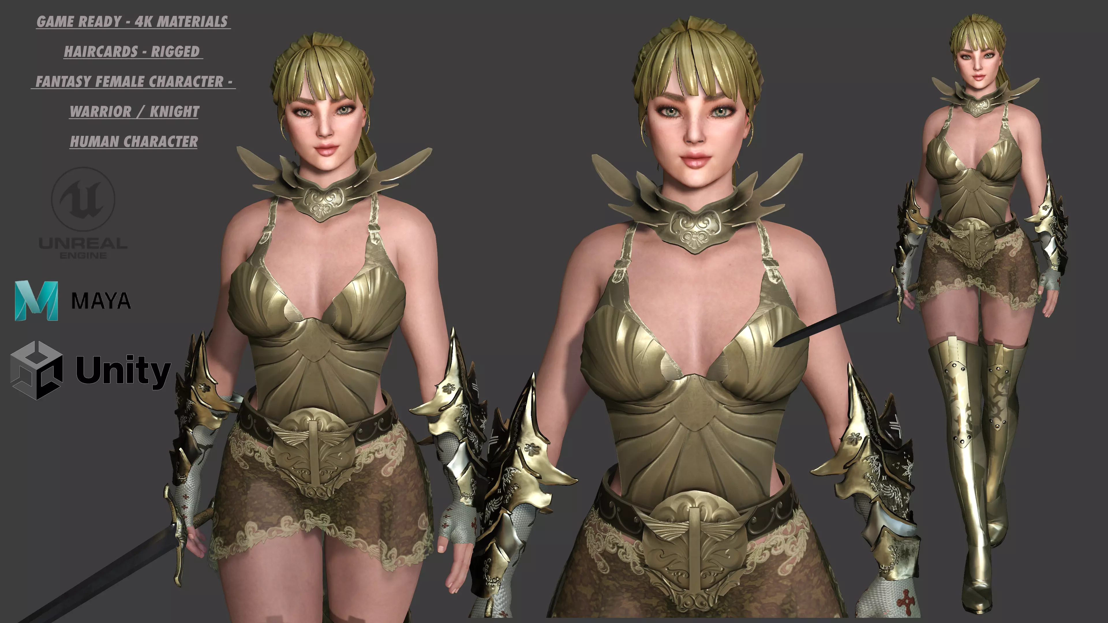 AAA 3D FANTASY FEMALE WARRIOR-REALISTIC RIG GAME CHARACTER Low-poly 3D model_0