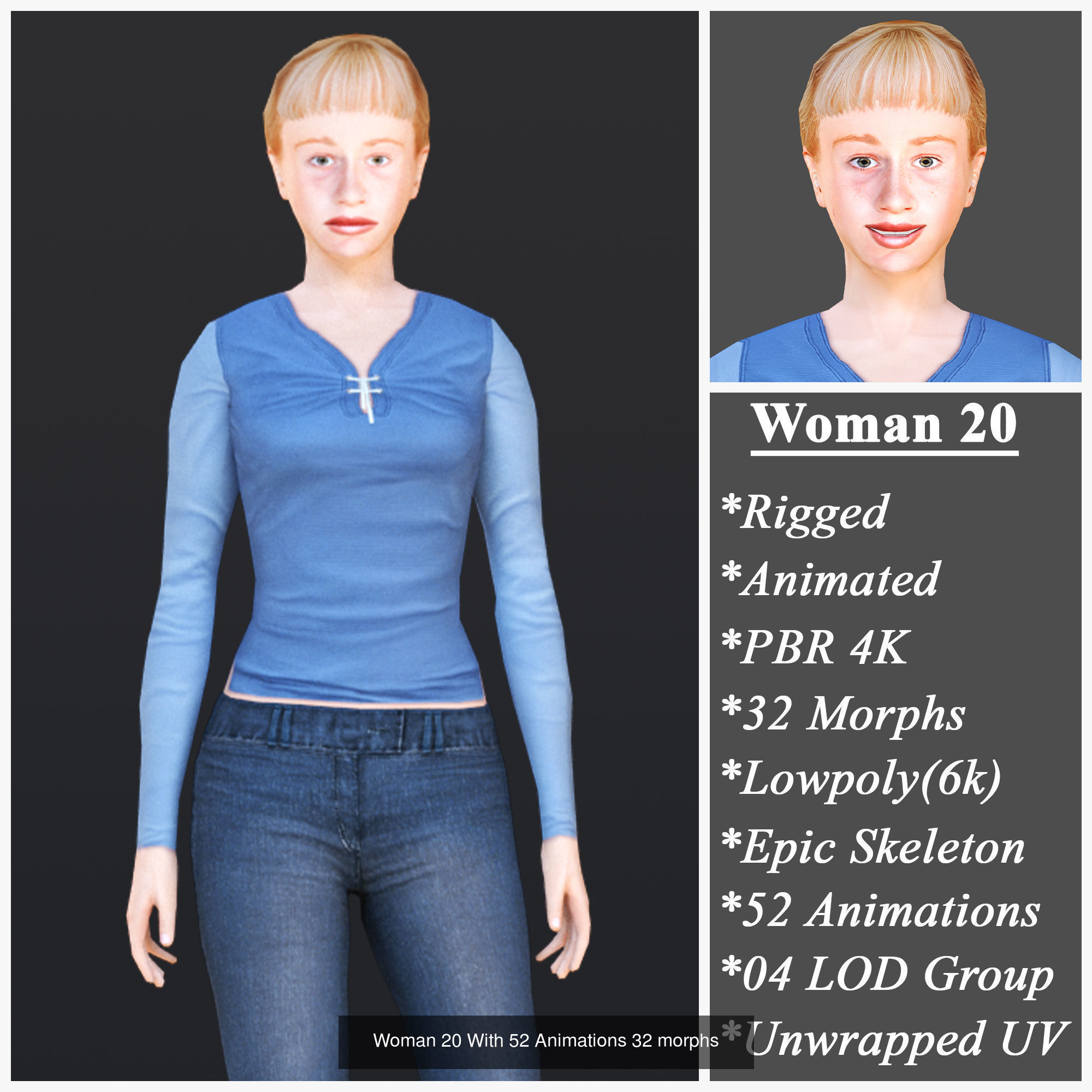 Woman 16 To 20 With 52 Animations 32 morphs 3D Model Collection_6