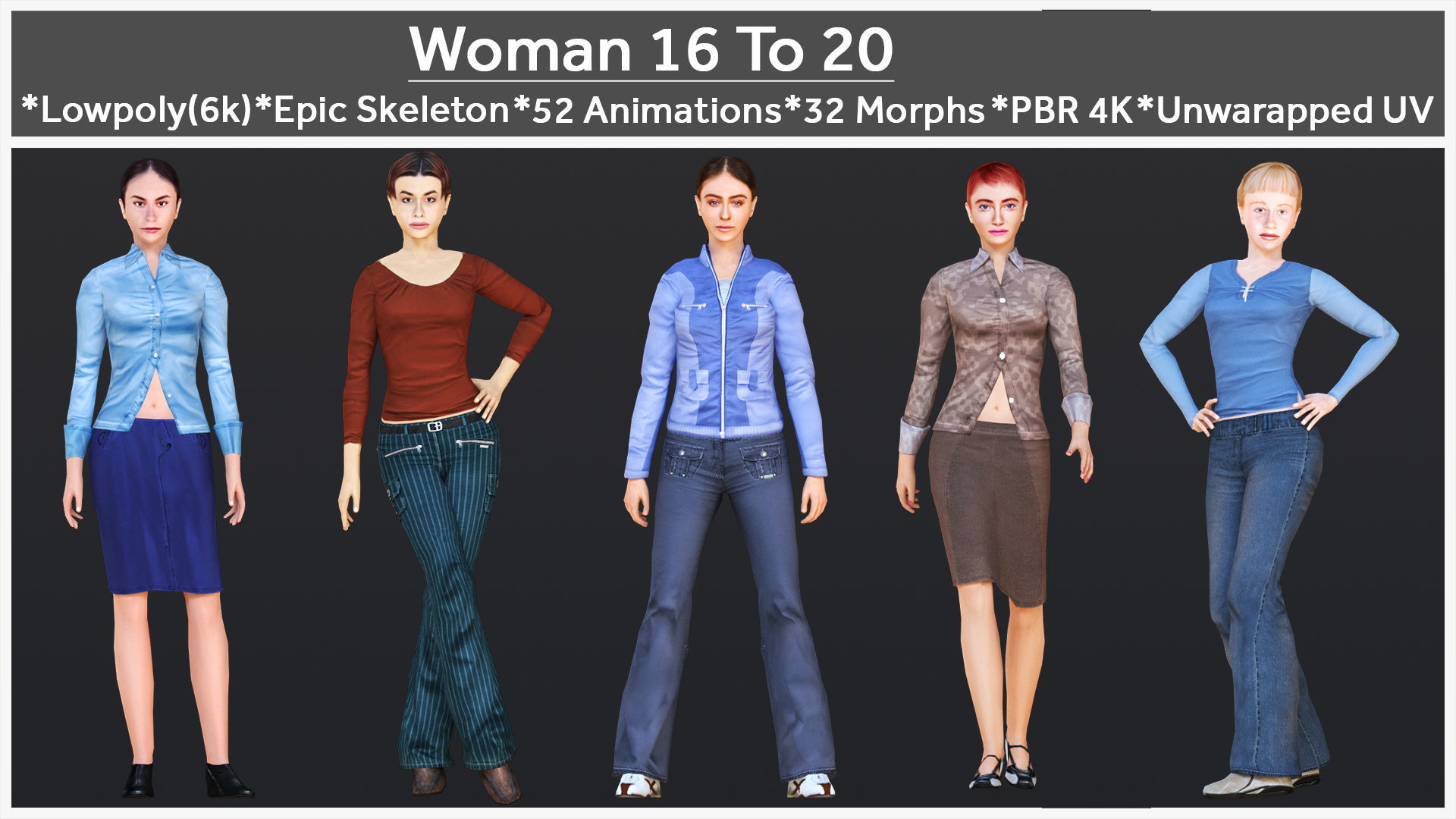 Woman 16 To 20 With 52 Animations 32 morphs 3D Model Collection_1