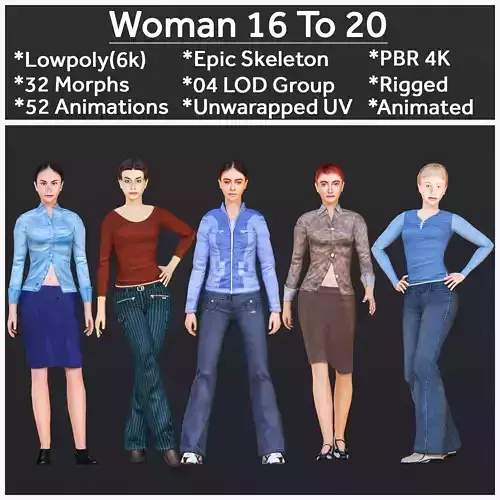 Woman 16 To 20 With 52 Animations 32 morphs 3D Model Collection