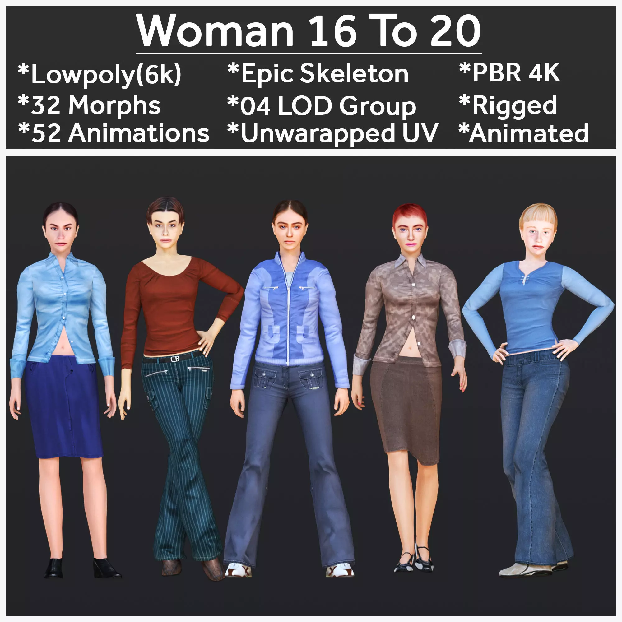 Woman 16 To 20 With 52 Animations 32 morphs 3D Model Collection_0
