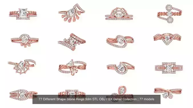 77 Different Shape Stone Rings 3dm STL OBJ FBX Detail Collection 