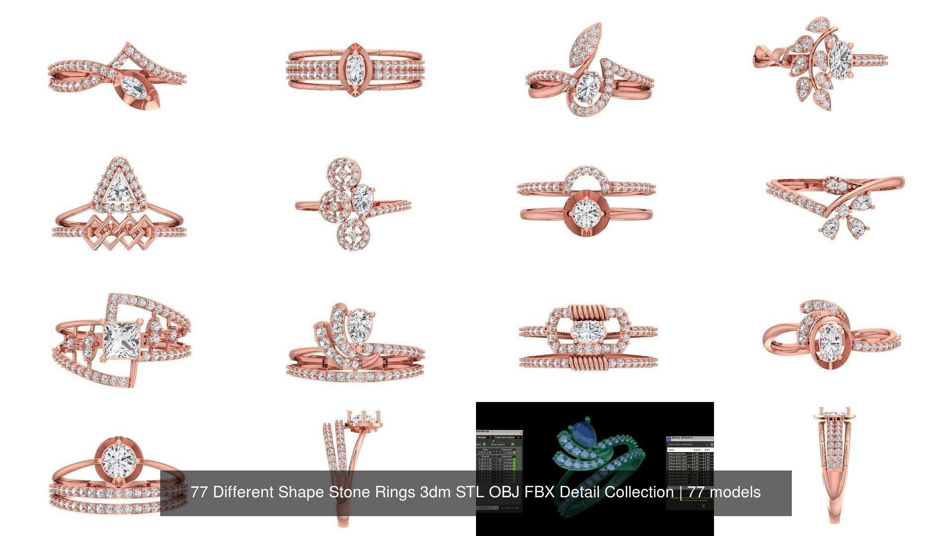 77 Different Shape Stone Rings 3dm STL OBJ FBX Detail Collection _8